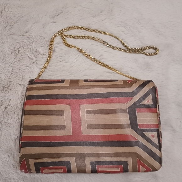 Vintage 50's Morris Moskowitz Leather Geometric Print Earth Tone Chain Strap Bag - Picture 5 of 8